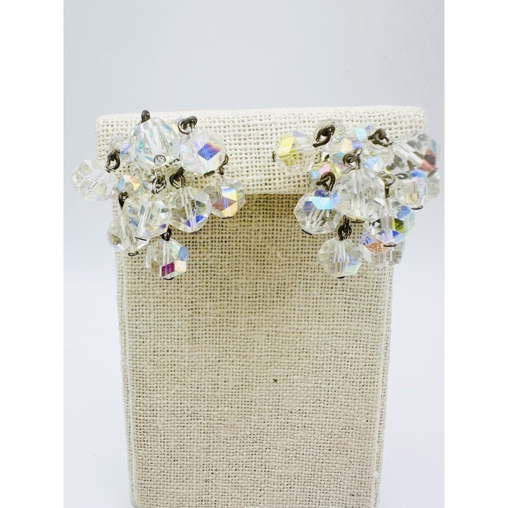 Vintage AB Aurora Borealis Faceted Clear Glass Crystal Cluster Earrings